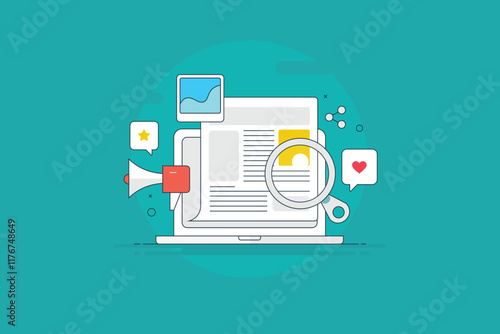 Social media, blog article and online press release, digital news magazine e-book publish on internet filled outline vector illustration design banner.