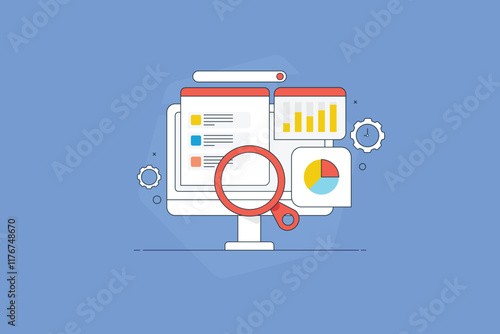 SEO search marketing, organic website listing on search engine page, keyword tool and ranking development, data management concept, vector banner.