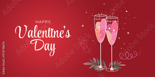 Valentines date vector background design. Holiday card. Happy valentine's day text with romantic elements like glasses of champagne. Vector illustration.
