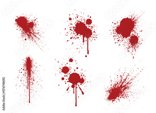 Blood splatter stains set isolated on white background. Vector realistic illustration of red ink splash on surface, bloodstain texture, Halloween decoration, horror crime spatter, bleeding wound