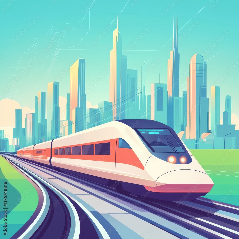 Naklejka premium A sleek, modern high-speed train traveling past a vibrant city skyline, showcasing urban innovation.