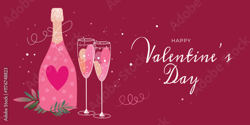 Valentines day background. Happy valentine's day text with romantic elements like champagne and glasses. Vector illustration.	