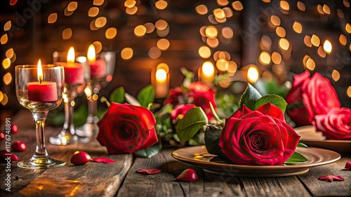 Dimly lit roses bloom on a dark wood table, a romantic Valentine's Day scene.