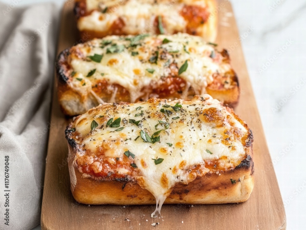 Three slices of bread with chicken mayo and melted cheese and herbs on top Three slices of bread with chicken mayo and melted cheese and herbs on top
