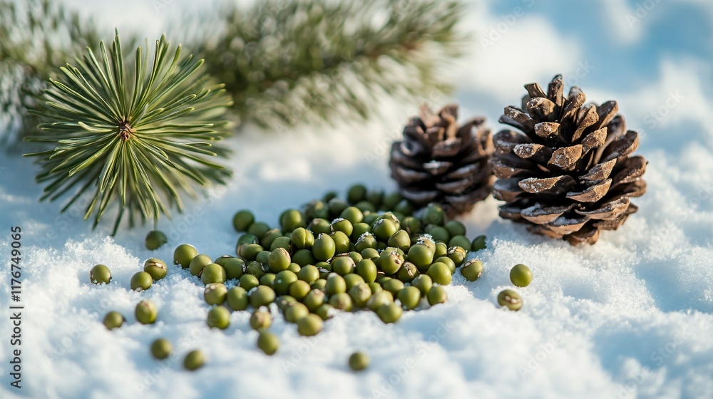 Mung beans resting beside small pinecones, isolated on a snowy white surface with soft winter lighting Mung beans resting beside small pinecones, isolated on a snowy white surface with soft winter lighting