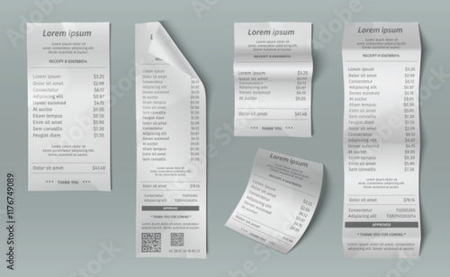 Paper receipt bill collection - curled white purchase documents with transaction details, price listing, QR code, approval stamp and thank you message. Financial mockup templates with payment records.