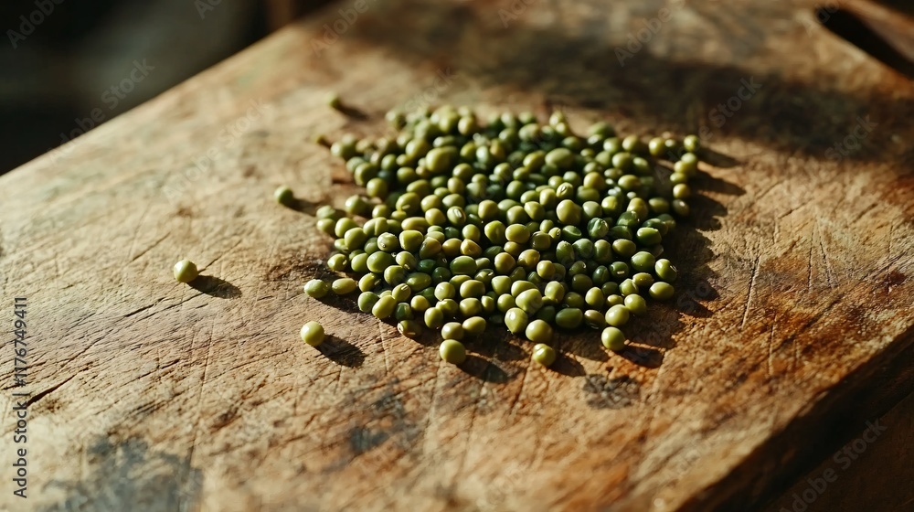 Mung beans scattered on a worn wooden cutting board, isolated with natural lighting highlighting the green hues Mung beans scattered on a worn wooden cutting board, isolated with natural lighting highlighting the green hues