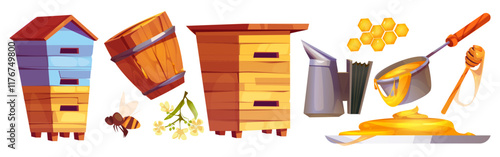 Beehive apiary equipment and tools set - wooden tiered bee house, rustic barrel container, langstroth hive, metal smoker, dipper spoon with honey drip, harvesting stick. Professional beekeeper supply.