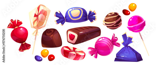 Colorful candy and lollipop collection - sweet treats with glossy wrapper including chocolate pieces, striped peppermint confectionery, pink bonbons, wrapped caramels and round ball suckers.