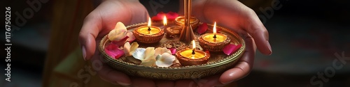 A close-up of hands holding a decorative thali with lit diyas flower petals and incense sticks photo