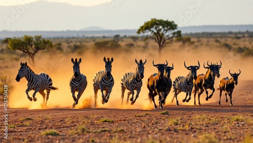 Zebras and wildebeest running across the savanna
