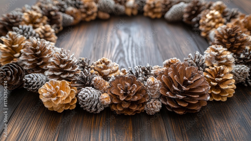 Natural pine cone wreath on a rustic wooden surface Natural pine cone wreath on a rustic wooden surface
