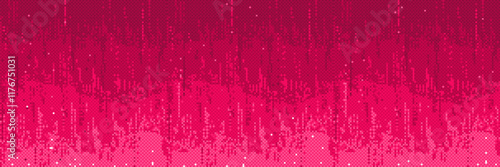 Pixel bitmap pattern with vertical stripes, light dots and noise effect in pink shades. Decorative element for retro gaming background. Digital art effect of noise vintage semitone wavy texture.