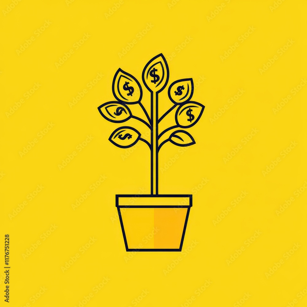 A minimalistic illustration of a money tree in a pot against a bright yellow background. A minimalistic illustration of a money tree in a pot against a bright yellow background.
