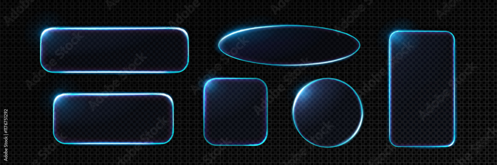 Neon glass frames collection with glowing blue light edges and transparent surfaces. Various geometric shapes - oval, rectangle, circle, square with translucent effect. Futuristic interface design.