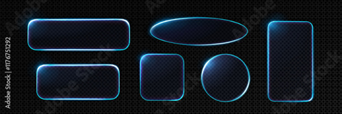Neon glass frames collection with glowing blue light edges and transparent surfaces. Various geometric shapes - oval, rectangle, circle, square with translucent effect. Futuristic interface design.