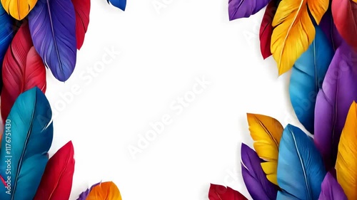 Colorful feathery border with a white background. The feathers are in various colors and sizes, creating a vibrant and lively atmosphere. The border is a creative