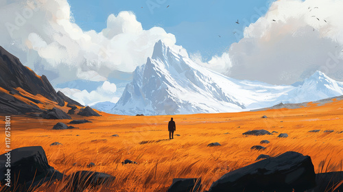 solitary figure stands in vibrant orange field with mountains photo