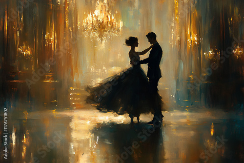 Romantic dance between a couple in an elegant ballroom illuminated by warm chandeliers at dusk