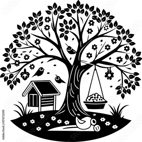 Nature Garden Scene with Tree, Birds, and Birdhouse Vector Illustration