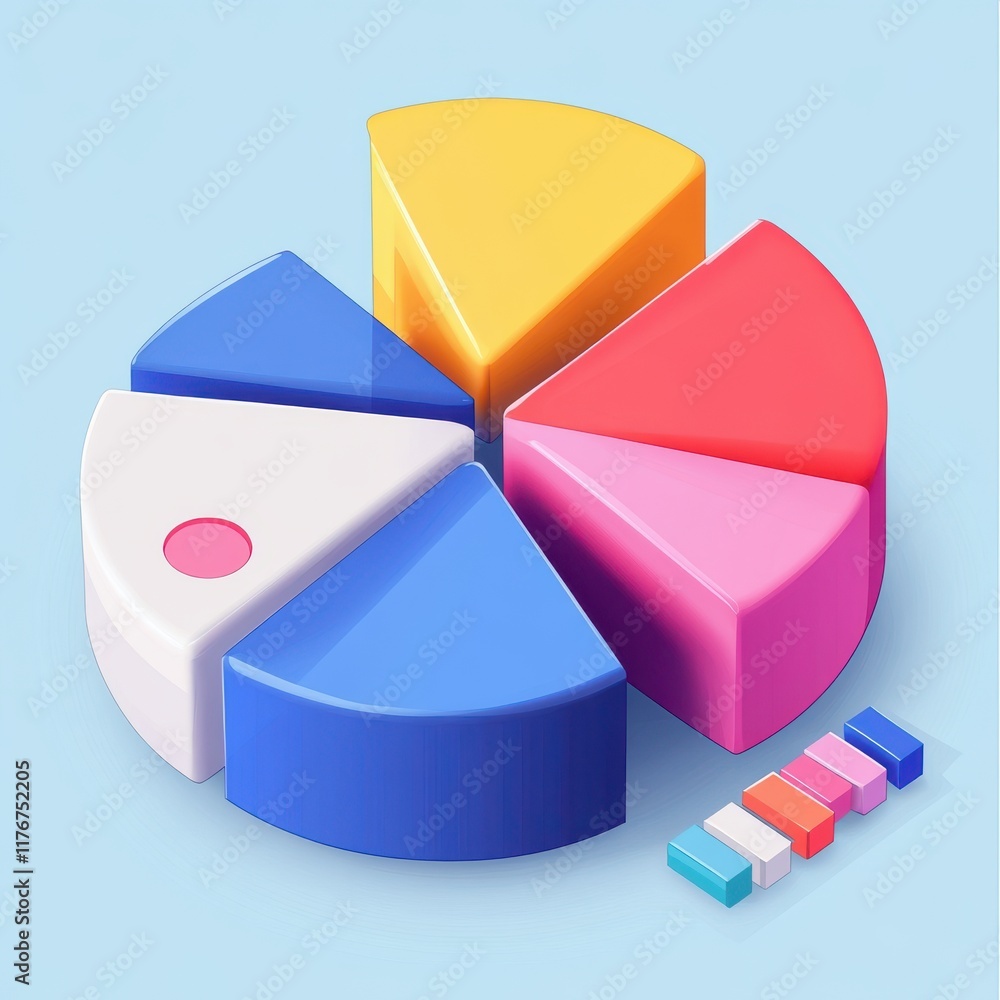 Obraz premium Colorful pie chart elements on a light blue background, representing data visualization and analysis.