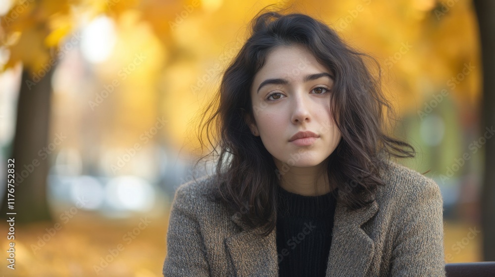 Close-up portrait of caucasian woman with wavy brown hair wearing beige coat against blurred autumn foliage background Close-up portrait of caucasian woman with wavy brown hair wearing beige coat against blurred autumn foliage background