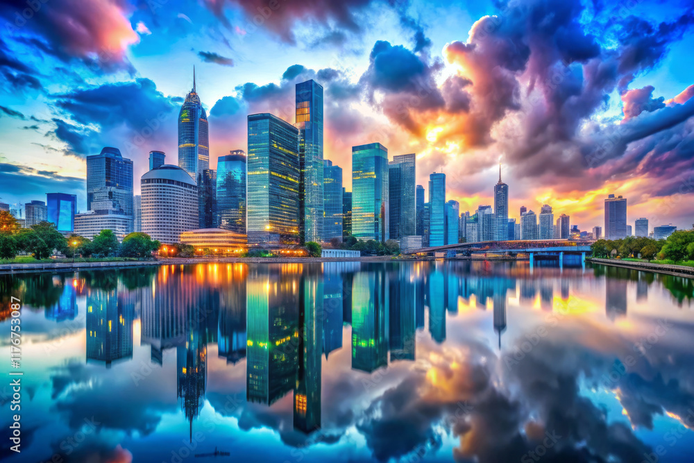 Obraz premium stunning cityscape reflecting vibrant colors in water at sunset