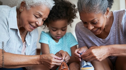 Loving Grandparents Assisting Grandchildren with Shoe Tying - Close-Up Low-Angle Shot with Caring Expressions and Olive Skin Tones
