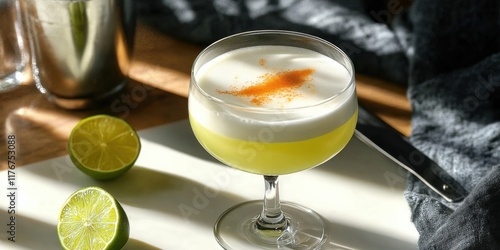 Homemade Pisco Sour cocktail with lime and bitters photo