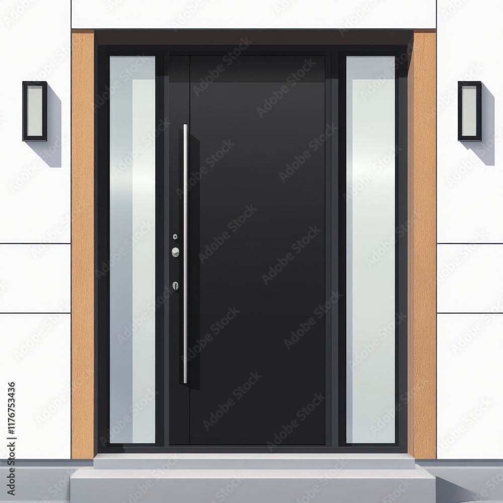 Sleek modern front door with glass paneling and stylish handle, framed by minimalist wall lights. Sleek modern front door with glass paneling and stylish handle, framed by minimalist wall lights.