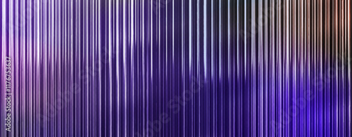 Ribbed glass background with colorful holographic vertical stripe gradient from purple to blue. Iridescent textured lines create reflective shimmer effect. Modern wavy hologram material design panel.