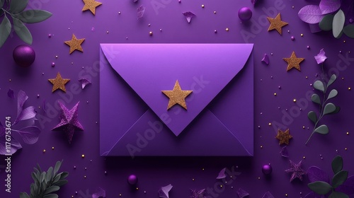 Purple envelope with gold star on purple background with decorative elements.