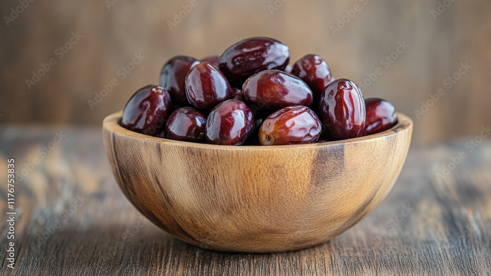 Freshly harvested dates in a wooden bowl on a rustic table Freshly harvested dates in a wooden bowl on a rustic table