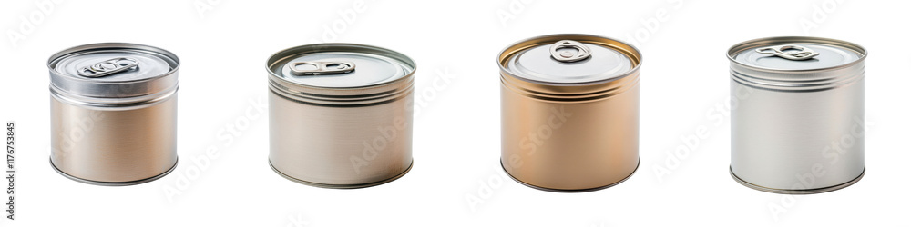 Assortment of metallic tin cans in various shapes and sizes used for storage and preservation of canned goods food vegetables and other shelf stable products in kitchen pantry Assortment of metallic tin cans in various shapes and sizes used for storage and preservation of canned goods food vegetables and other shelf stable products in kitchen pantry