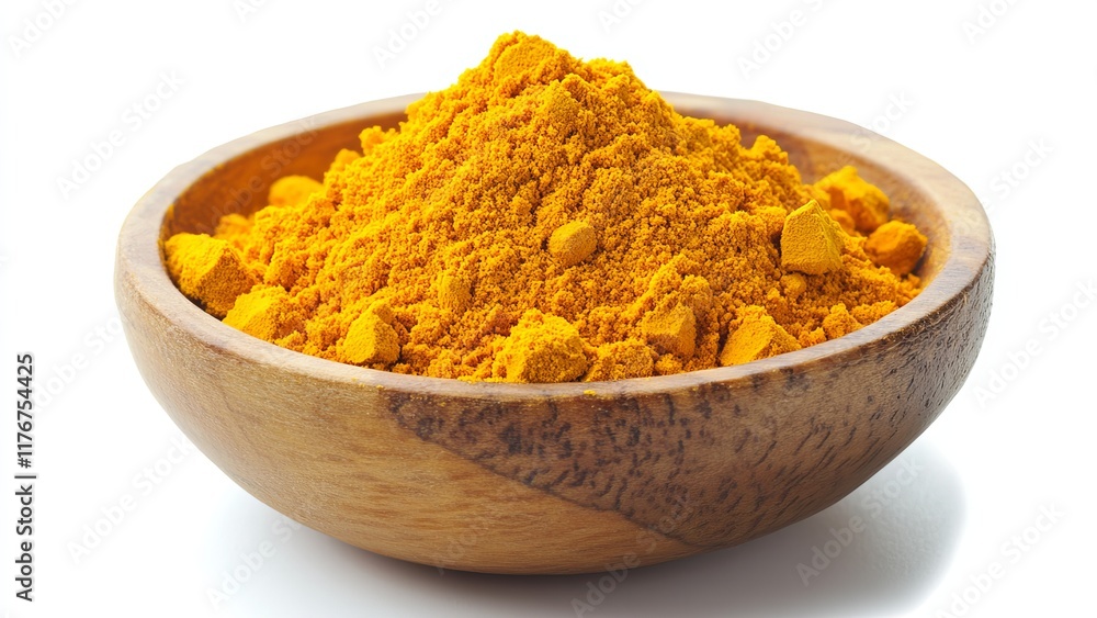 Bright yellow turmeric powder in a wooden bowl on white background Bright yellow turmeric powder in a wooden bowl on white background
