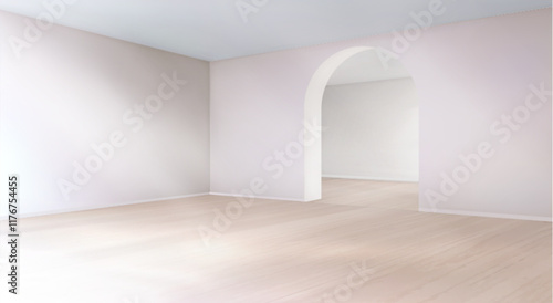 Empty 3d interior room with curved arch doorway connecting spaces. Minimalist beige walls, white ceiling and light wooden floor. Modern environment for architectural visualization or product display.
