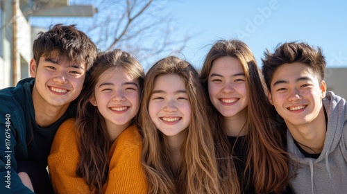 Cultural exchange program featuring international students in a vibrant urban setting group portrait enthusiastic atmosphere sunlit background photo