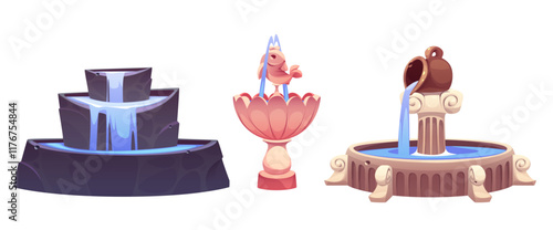Fountains set isolated on white background. Vector cartoon illustration of stone and marble, modern, antique and classic style tiered pool with water sprinkles and statues, park or garden decoration