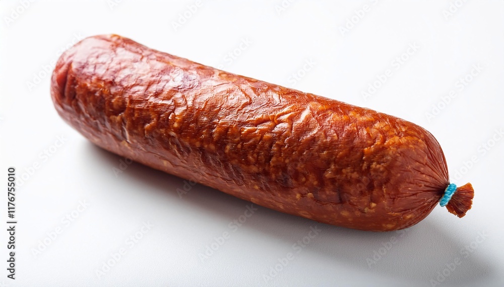 Traditional smoked sausage on a white background with copy space Traditional smoked sausage on a white background with copy space