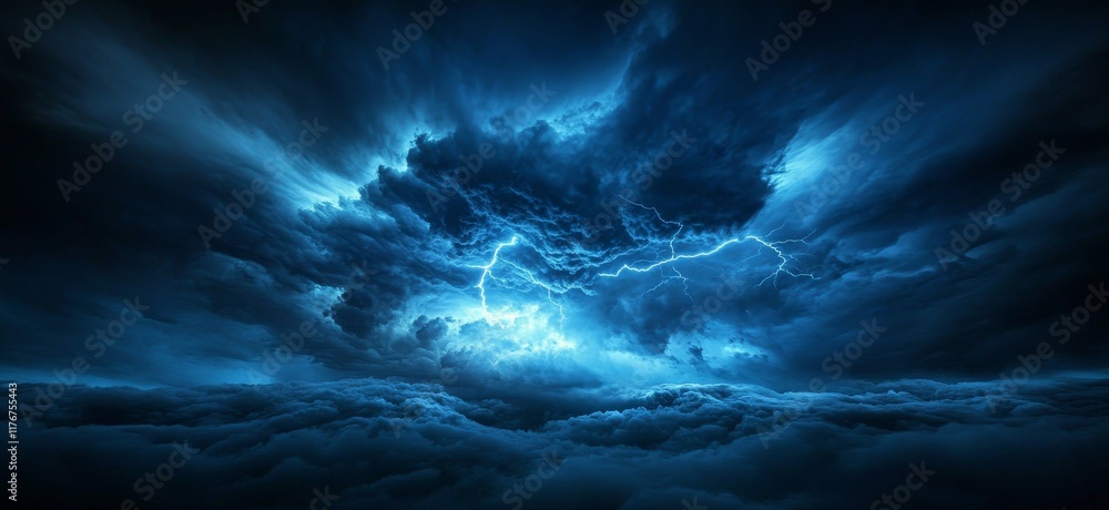 Fototapeta premium Dramatic lightning storm over dark cloudscape.