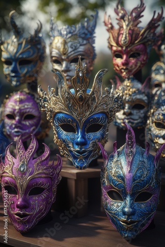 A vibrant display of ornate masks in hues of blue, purple, and gold, capturing the mystique of celebration. photo