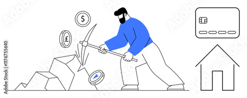 Man striking rocks with a pickaxe to unearth financial symbols thumbs up dollar, pound, and yen coins. Ideal for finance, wealth generation, financial independence, investment, cryptocurrency