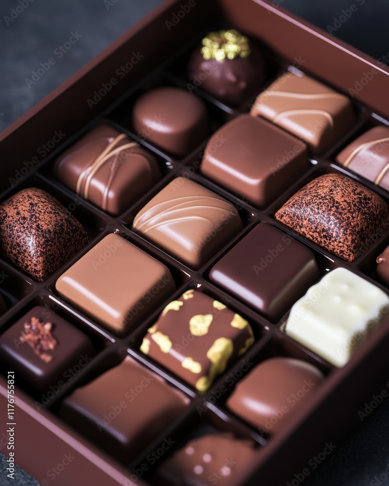 Obraz premium Luxurious assortment of artisanal chocolates in a stylish box, showcasing rich textures and elegant designs.