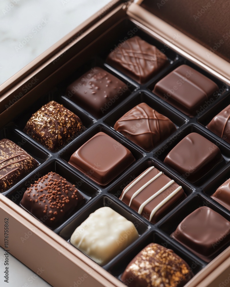 A luxurious assortment of dark and milk chocolates artfully arranged in a decorative box. A luxurious assortment of dark and milk chocolates artfully arranged in a decorative box.