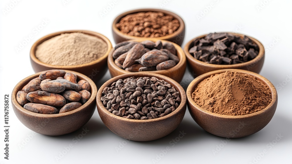 Variety of cocoa products arranged in bowls on a white surface Variety of cocoa products arranged in bowls on a white surface