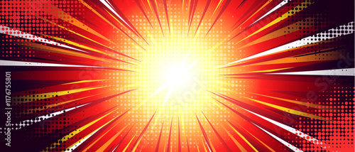 Comic anime explosion background with bright yellow center burst - dynamic radial rays in red, white shades spreading outward. Halftone dotted pattern with speed lines effect for manga battle scenes. photo