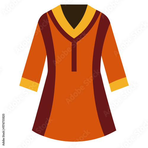 orange tunic with contrasting sleeves and neckline, casual wear on transparent background