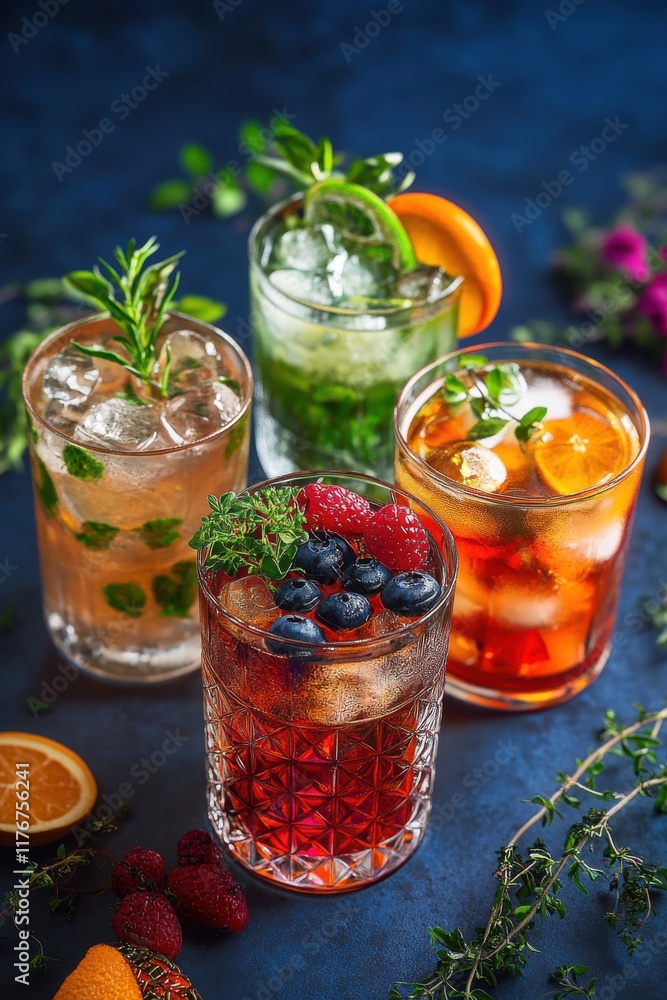 Four colorful cocktails with fresh fruits and herbs, showcasing vibrant flavors and textures. Four colorful cocktails with fresh fruits and herbs, showcasing vibrant flavors and textures.