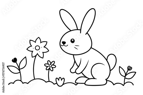 Bunny playing garden  and some flowers, coloring page outline 