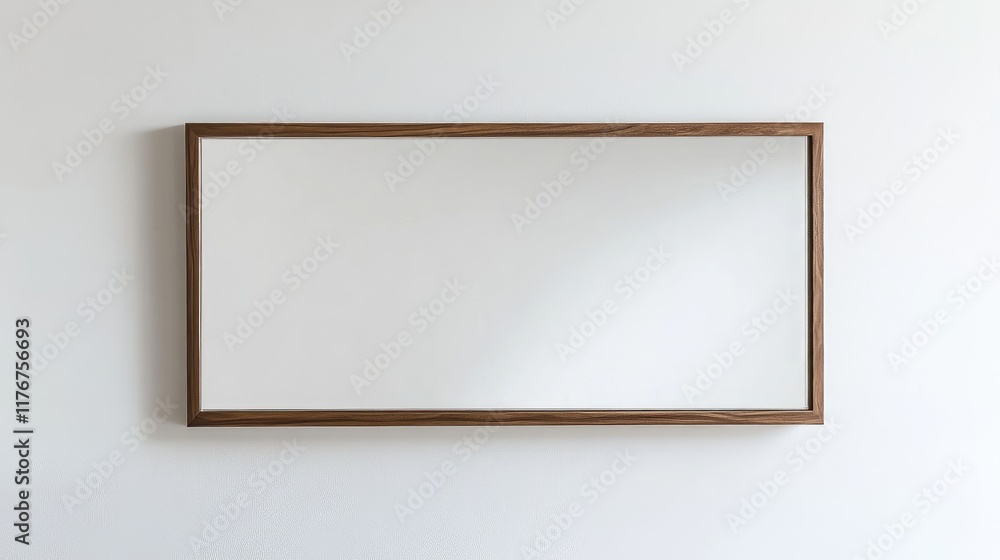 Minimalist wall-mounted mirror with a wooden edge, reflecting a seamless white background, elegant and understated. Minimalist wall-mounted mirror with a wooden edge, reflecting a seamless white background, elegant and understated.